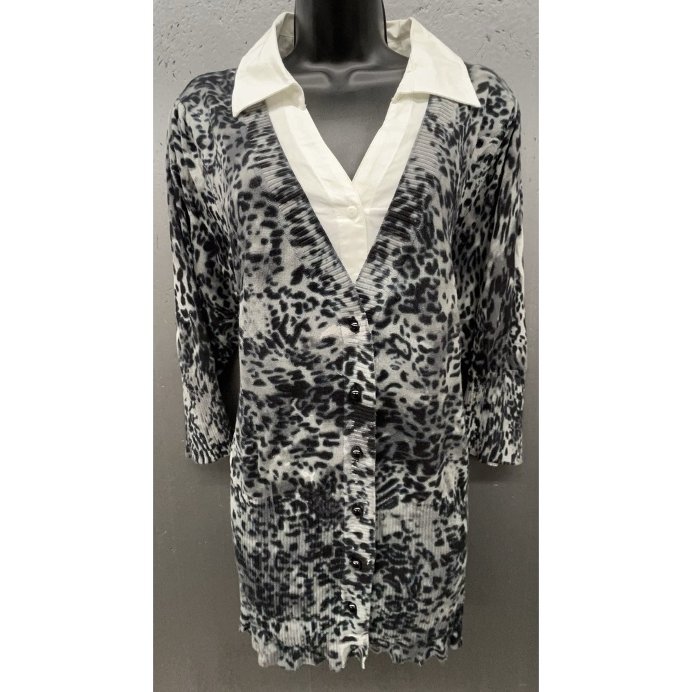 Womens Placket Top 1X Black White Cheetah Animal Print‎ Sweater Tunic NEW